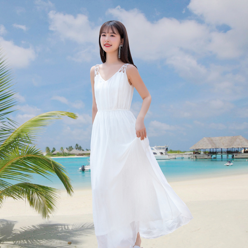 Special Bohemian V-Neck Elastic Waist Pure White Silk Long Dress Mulberry Silk Dress Beach Dress 58033
