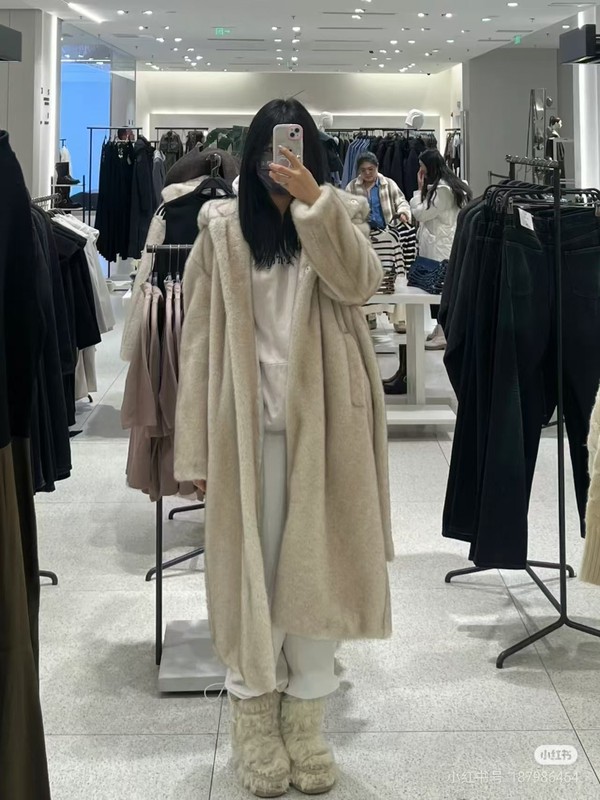 秋冬长款连帽仿皮草外套环保水貂皮毛一体大衣加厚欧美跨境女装|undefined