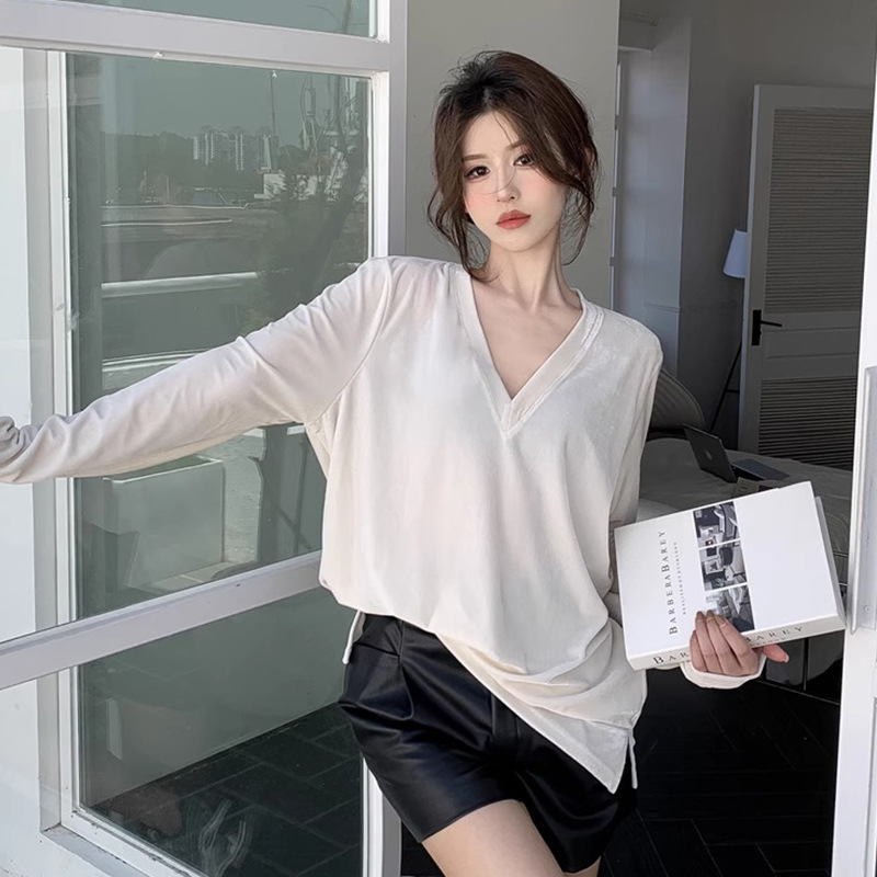 跨境新款早秋金丝绒长袖T恤女秋冬感宽松中长款内搭打底衫v领上衣