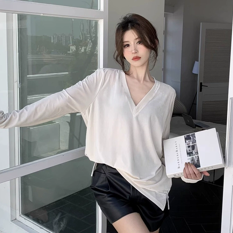 Трансграничные новые ранние осенние золотые бархатные футболки с длинными рукавами женские осенние и зимние