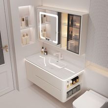 简约奶油风洗手台陶瓷一体盆现代卫生间智能实木浴室柜组合洗脸盆