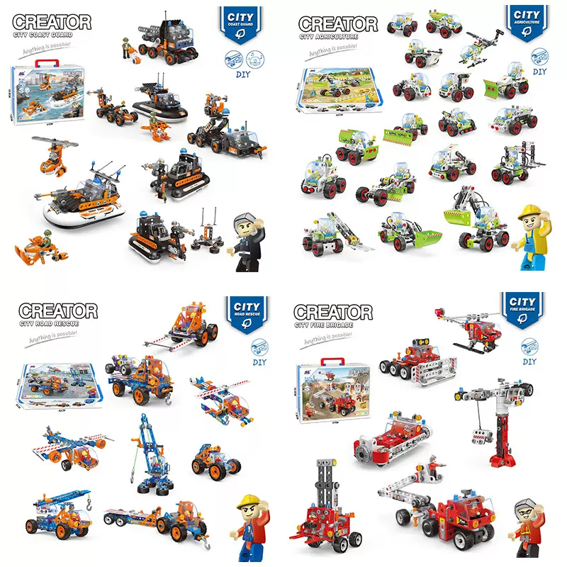 外贸新品儿童积木拼装diy玩具 幼儿园宝宝大颗粒拧螺母拼图消防车