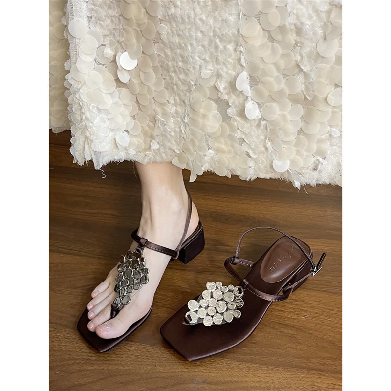 Bali Xia Meng~Designer Gilt Leather Sole Thick Heel Thong Sandals for Women with Skirt and High Heels
