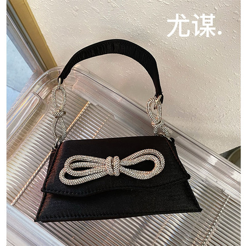 French dinner silk satin bag with bow handmade diamond Kelly diamond small square bag rhinestone hand-held crossbody bag