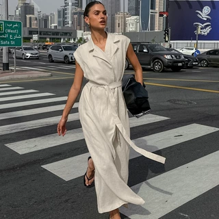 欧美棉麻时尚高腰连衣裙2025春夏新款跨境设计感开叉系带长裙女装