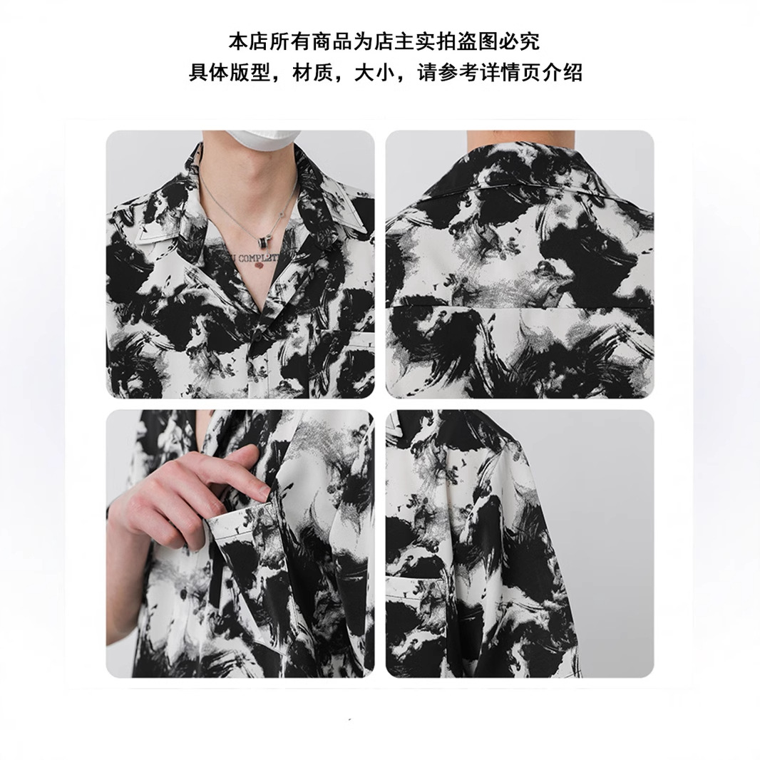 Top de verano Corea del Sur suelta de alto grado drapeado camisa de manga corta de moda masculina Ruan pintura de tinta guapo Camisa sin planchar moda