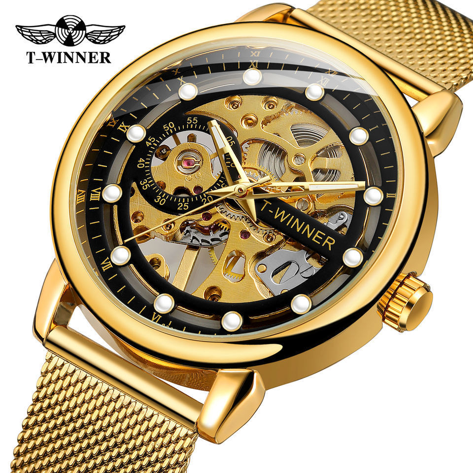 T-winner reloj de hombre europeo y americano reloj mecánico manual hueco de moda transparente reloj de correa de malla de milán 8258