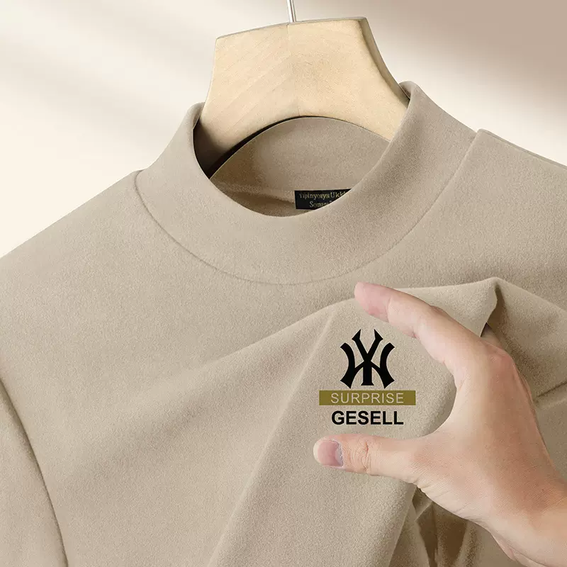 冬季半高领双面德绒半高领加绒保暖长袖t恤男士修身印花打底上衣