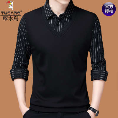 Woodpecker 2026 Spring and Autumn New Style Fake Two-Piece Shirt Men's Long-Sleeve T-Shirt New Comfortable Knitted Sweater for Middle-Aged Men