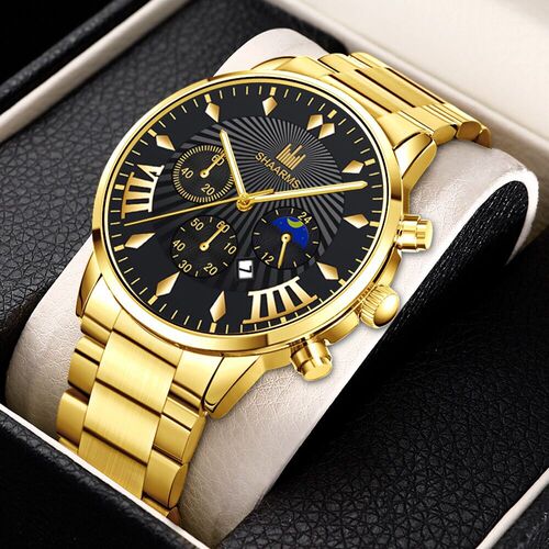 Cross-border new minimalist scale fashionable three-eye business watch for men, steel strap, non-mechanical casual calendar men's watch