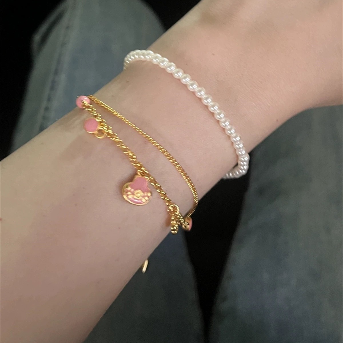 Shajin pink silver ingot bell lucky brand bracelet does not fade for a long time sweet fresh temperament high sense does not fade for a long time_voghion.com