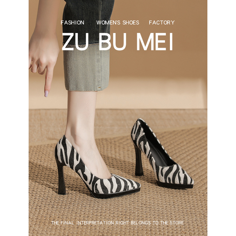 105-13 Cross-Border Sexy Pointed Toe Stiletto High Heels for Women Waterproof Platform Non-Tiring Zebra Pattern Suede Shoes for Women
