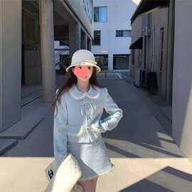 冬季新款甜美减龄娃娃领小香风保暖毛呢外套高腰半身裙两件套装女