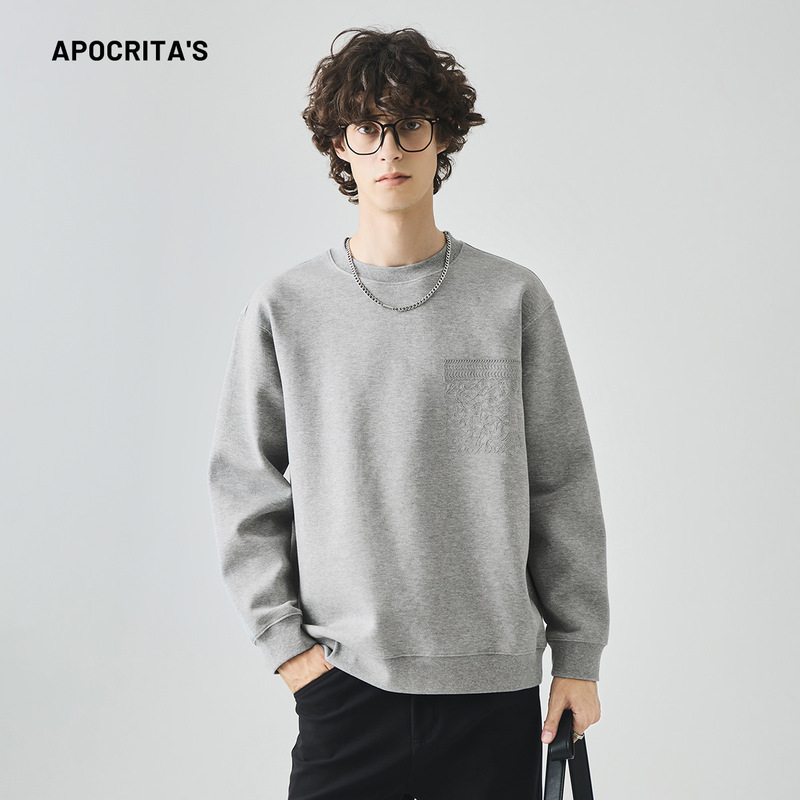 APO男装 |跨境男士卫衣秋季潮牌宽松圆领重磅绣花长袖T恤内搭上衣|undefined