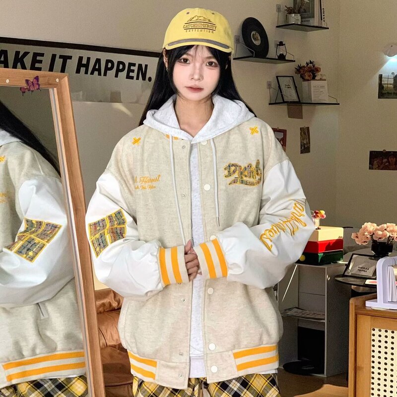 American-style Retro Brand Baseball Suit Spring and Autumn Rullard Color Contrast Embroidered Design Loose Casual Couple Jacket Coat Women