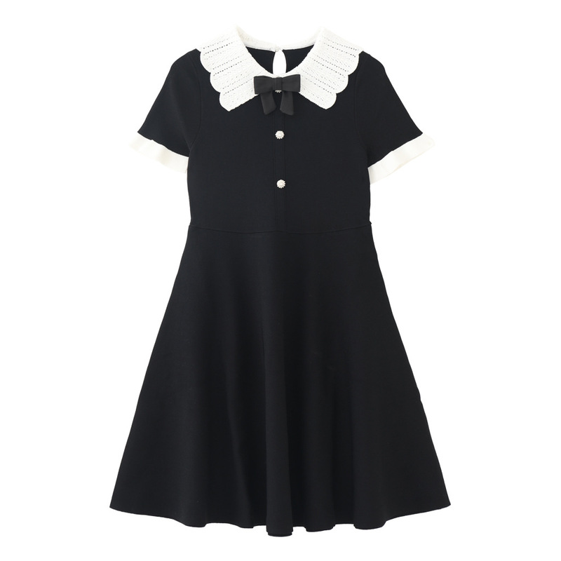 European French Niche Light Luxury Hepburn Style Black Dress Contrast Color Bow Doll Collar Knitted dress Women European French Niche Light Luxury Hepburn Style Black Dress Contrast Color Bow Doll Collar Knitted dress Women