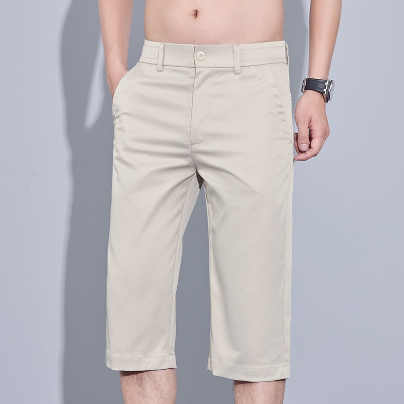 Highly Cost-Effective Men's Shorts for Summer, Seven-Point Pants for Outdoor Wear, Light Business Style, Solid Color, Casual, Ice Silk, Thin Straight-Leg Pants, Stretchy