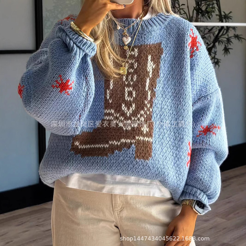 2025 Autumn and Winter Fashion New Cross-Border European and American Christmas Boots Round Neck Long-Sleeved Mid-Length Women's Knitwear