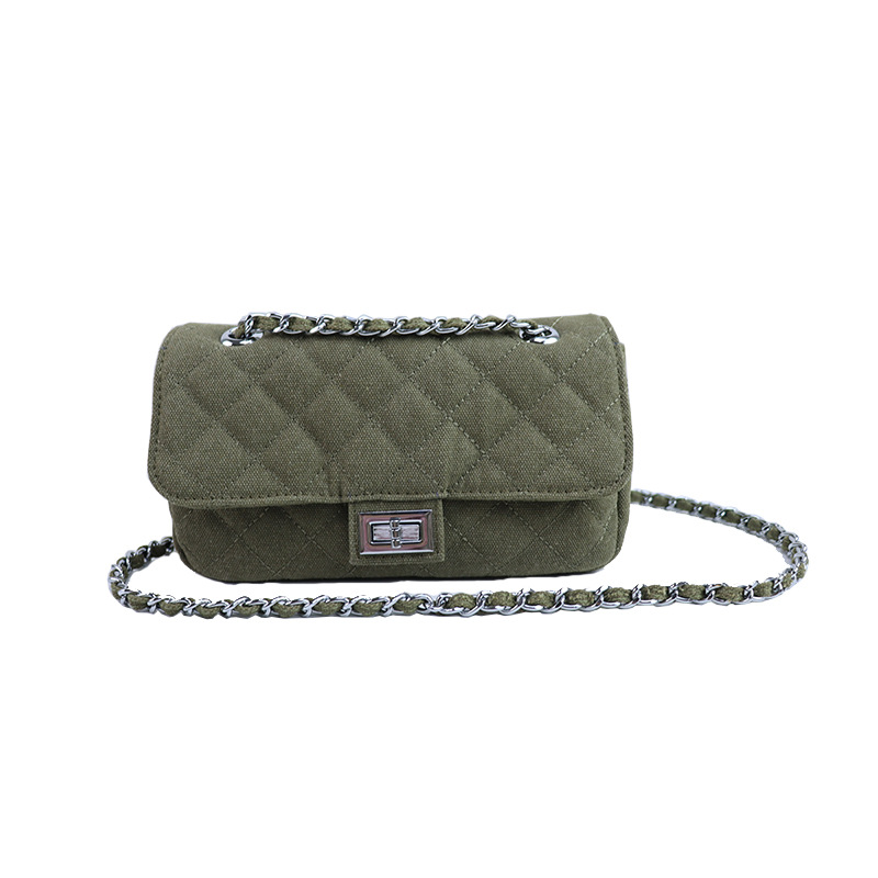 帆布包女简约潮牌日式风范小香军绿帆布菱格铁链包斜跨单肩小包