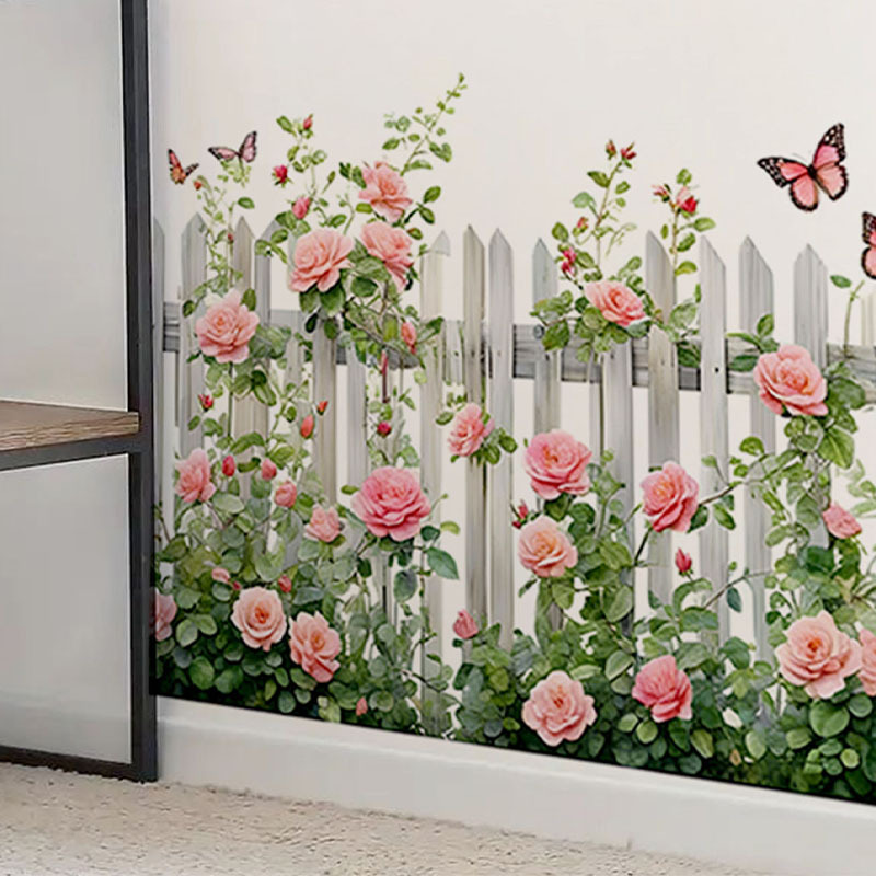 Cross-Border Pink Flower Fence Wall Sticker Living Room Entrance Decoration Pvc Wallpaper Bedroom Self-Adhesive Home Decoration Wall Sticker