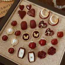 银针安可拉红色滴油几何耳环法式复古百搭耳钉小众高级感耳饰批发