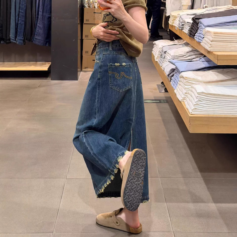 Fringed Tassel Pocket Embroidered A-Line Denim Skirt for Women, New Spring/Summer Style, Slit, Versatile Mid-Length Skirt, Lazy Style