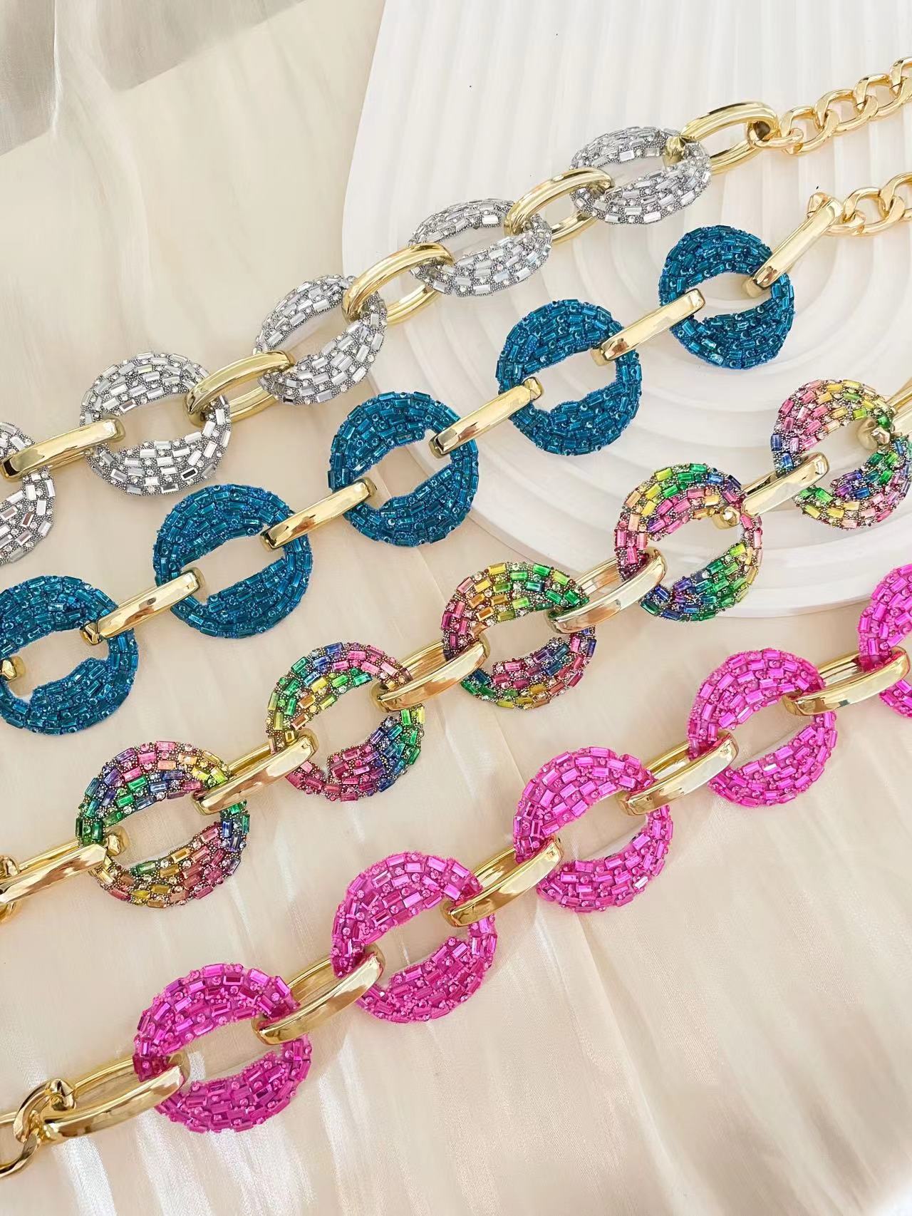 Rhinestones Inlay Material Hip-Hop Solid Color Rhinestones Artificial Crystal Copper Wholesale Necklace