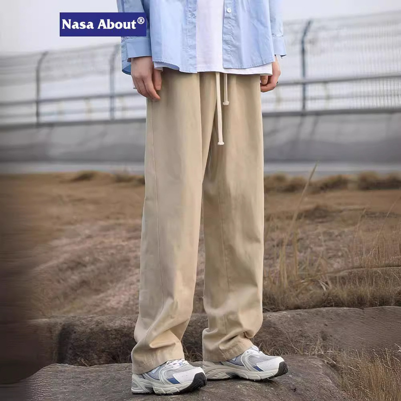 NASA Spring and Summer khaki Cotton Straight Retro Tooling Pants Men's Spring Loose Wide Leg Casual Pants