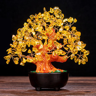 Yellow Crystal cash cow small round basin ornaments feng shui fortune tree decoration craft gifts home furnishings a generation of hair