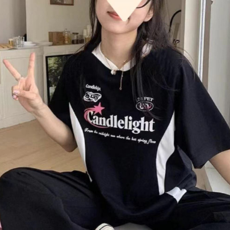 时尚潮牌爆款百搭机车拼色印花短袖t恤女夏季拼接宽松百搭上衣ins|undefined