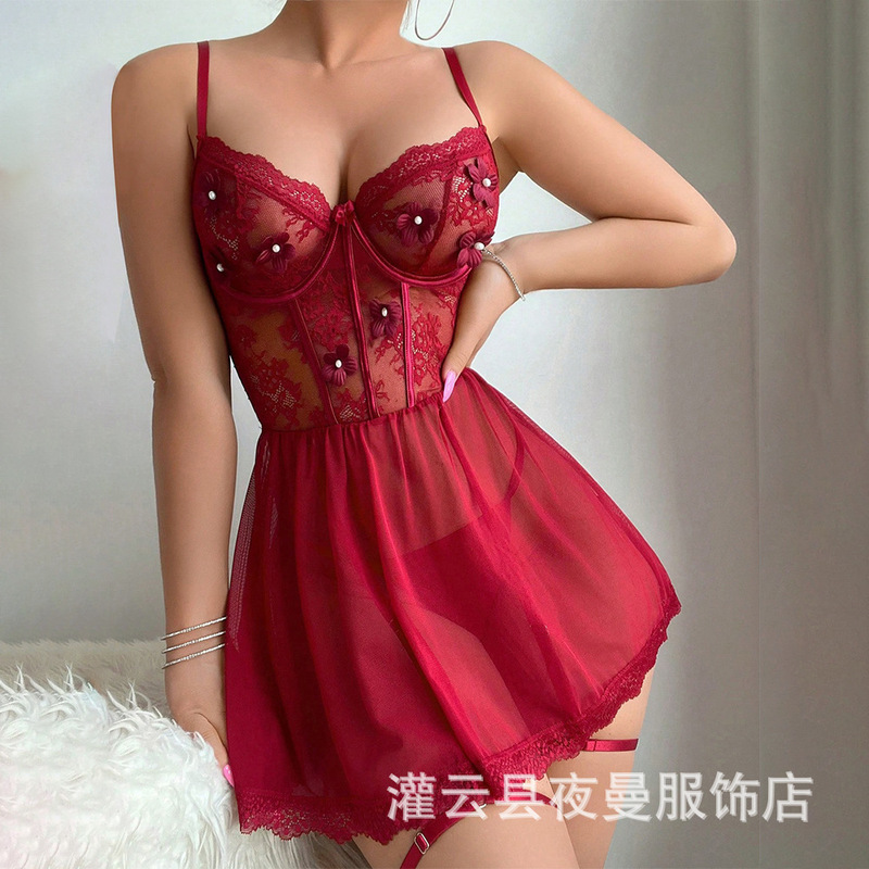 Foreign Trade Direct Sales Sexy Lingerie Transparent Mesh Flared Strap Nightgown Lace Seductive Sexy Nightwear Two-Piece Set