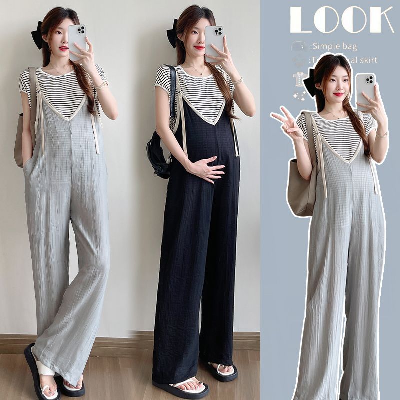 孕妇装夏季套装条纹短袖针织韩版时尚遮肚子简约小香风纯色背带裤