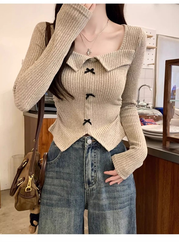 甜辣妹美式复古方领长袖t恤女辣妹收褶蝴蝶结春秋季短款上衣潮ins|undefined