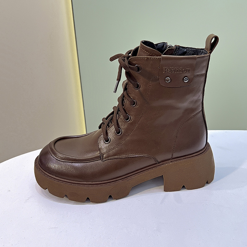 ShoeVault First Layer Cowhide Martin Boots For Women, Autumn And Winter Vintage British Style Casual Short Round Toe Mid-Calf_vogvips.com