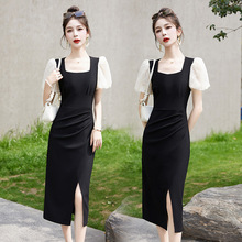 法式时尚修身显瘦欧根纱泡泡袖拼接黑色连衣裙2024新款裙子女夏季