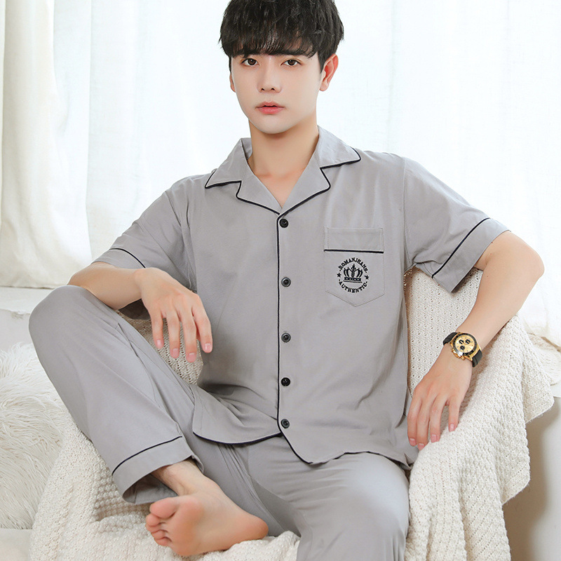 면 잠옷 남자의 여름 얇은 반팔 바지 남자 홈 옷 여름 얇은 면 플러스 사이즈 세트