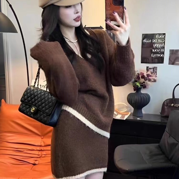 韩系复古套装女2025秋冬季新款针织衫咖色毛衣搭配小众半身短裙子|undefined