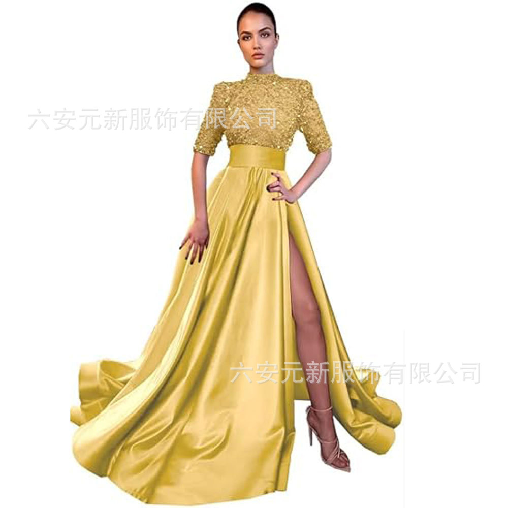 Europeo y americano Amazon AliExpress vestido de fiesta media manga lentejuelas satén vestido de noche A-line vestido de fiesta de hendidura image 26
