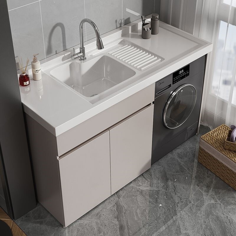 Honeycomb Aluminum Balcony Laundry Cabinet Companion Set with Integrated Washing Machine Cabinet and Wash Basin with Washboard