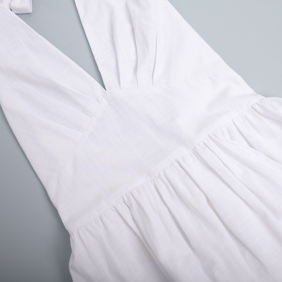 Đầm liền dáng dài 100% cotton cổ chữ V thắt eo buộc dây vạt xòe rộng — Màu mơ, Màu trắng, Màu xanh da trời, Màu xanh lá chi tiết 14