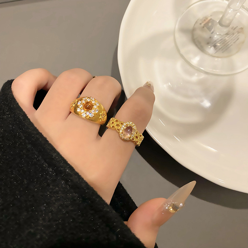 秋冬vintage中古拉絲虎眼石超閃輕奢戒指女精緻百搭小眾設計指環