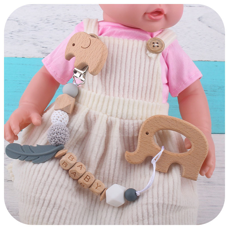 Nuevo DIY nombre del bebé calmante silicona pluma chupete anti-gota cadena bebé juguete haya animal chupete clip