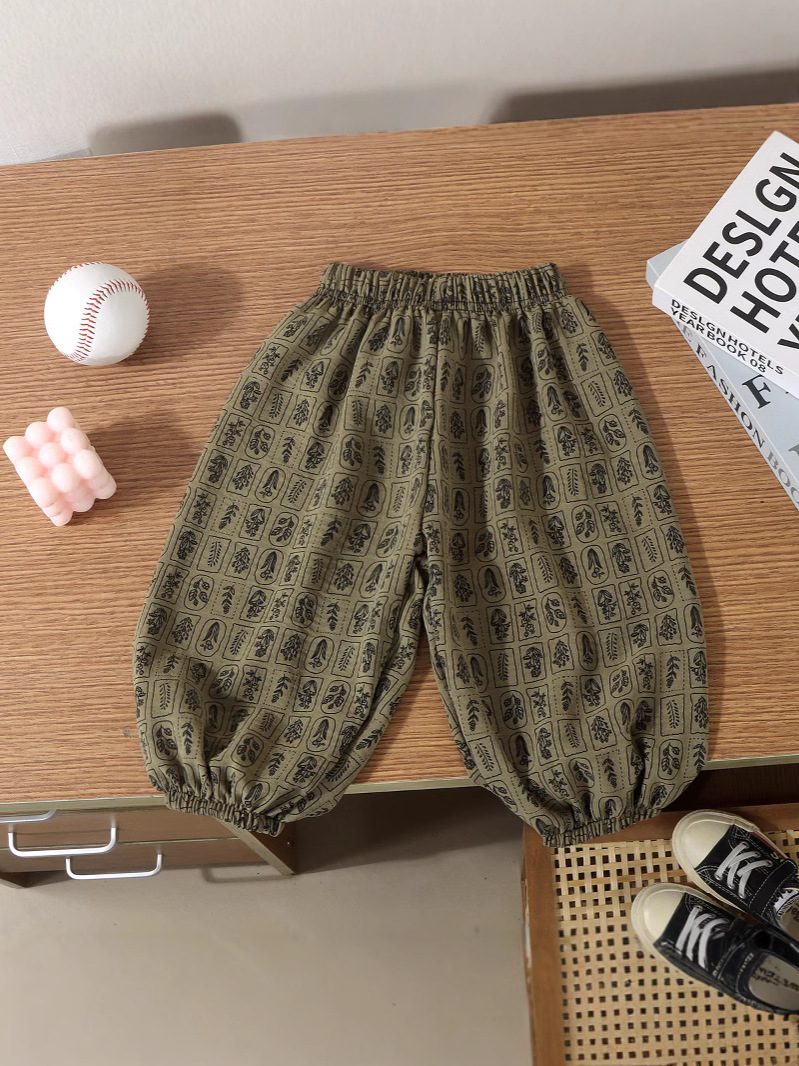 Summer Ice Silk and Linen Bloomers for Kidsren, Loose and Cool Floral Anti-Mosquito Pants, Breathable and Thin, Baby Leggings for Men and Women
