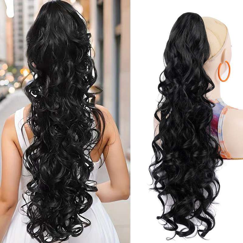 Long curly wig with realistic, voluminous synthetic fibers, creating a high-end, wavy look; clip-on wig for a high ponytail