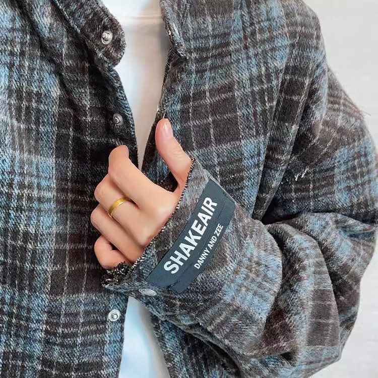 Japanese-Style Long-Sleeve Shirt for Men, Spring and Autumn Vintage Versatile Lazy Blue Coffee Plaid Material Stand Collar Thick Long-Sleeve Shirt for Men