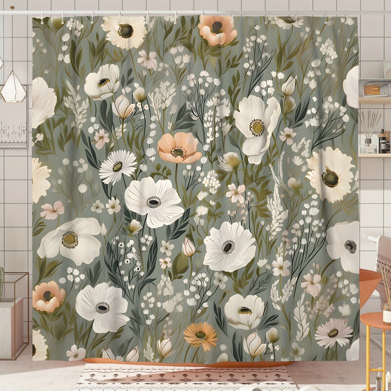 Vintage Farmhouse Style Wildflower Shower Curtain Green and White Floral Design with 12 Hooks