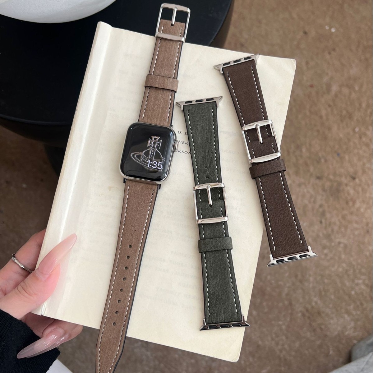 适用苹果手表iwatch12代11/10UltraSE方扣树皮纹理皮质表带