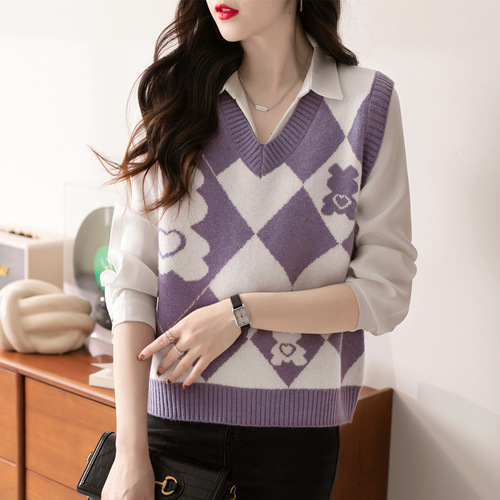 Retro rhombus cartoon age-reducing knitted vest vest for women with spring sweater vest top vest