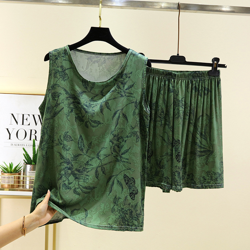 Round Neck Sleeveless Vest Two-Piece Cotton Silk Pajamas Women's Summer Thin Silk Artificial Cotton Casual Home Clothes suit