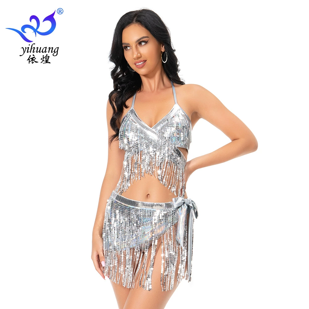 2023, экспортная новая танцевальная одежда, разделенный купальник, комплект из трех предметов для женщин, блестящая ткань, сексуальное бикини с кисточками, бикини